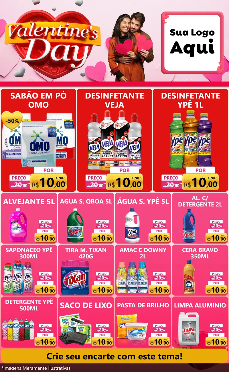 Modelo de Encarte para Encarte Grande com o tema Valentine's Day para Produtos de Limpeza