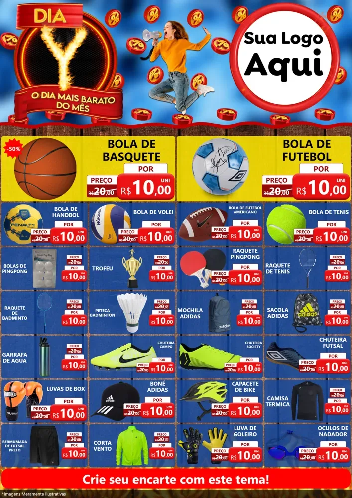 Modelo de Encarte para Encarte A4 Vertical com o tema Dia Y - O Dia Mais Barato Do Mês para Artigos Esportivos