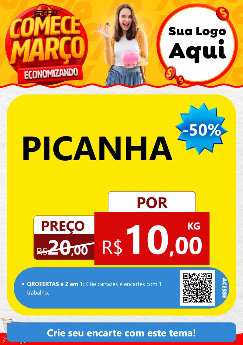 Modelo de Cartaz para Cartaz A4 Vertical com o tema Comece Março Economizando para Açougue