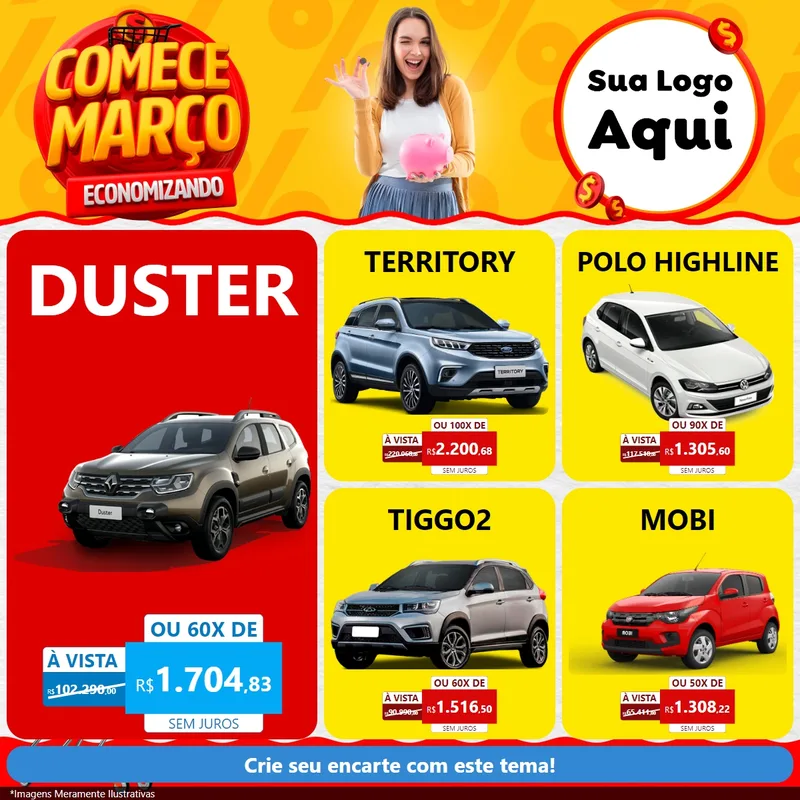 Modelo de Rede Social para Feed Facebook com o tema Comece Março Economizando para Concessionaria de Carros