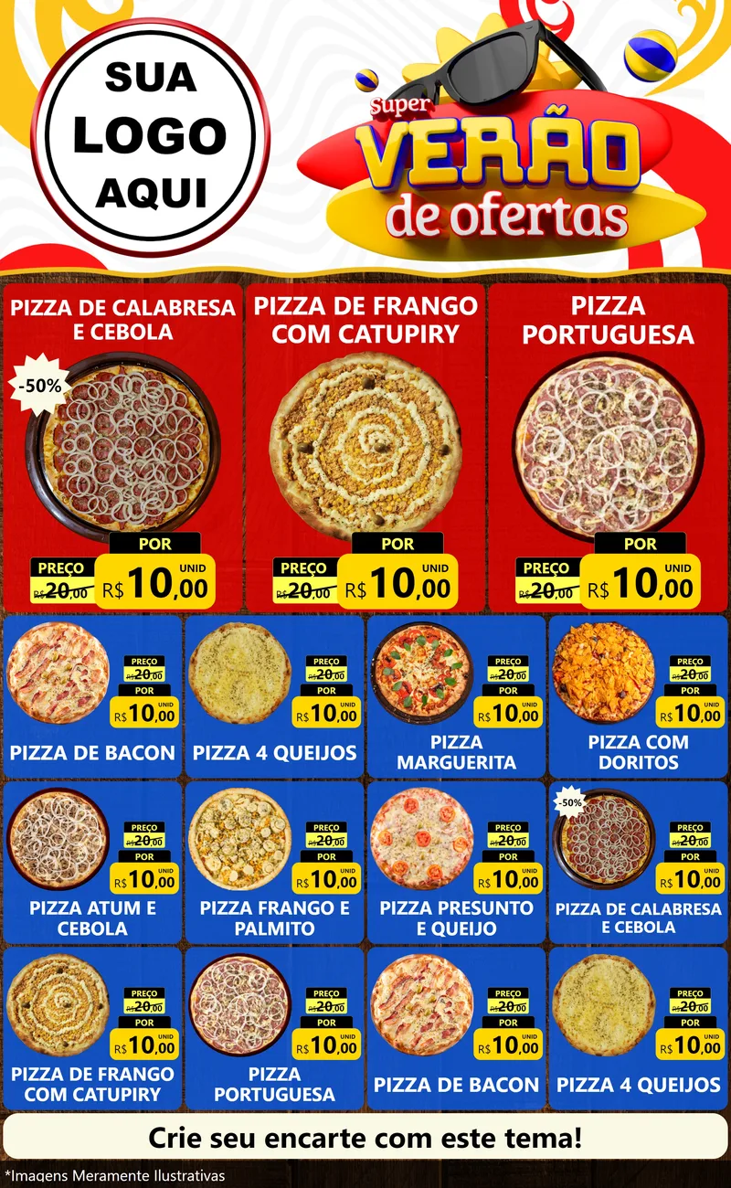 Modelo de Encarte para Encarte Grande com o tema Super Verão de Ofertas para Pizzaria