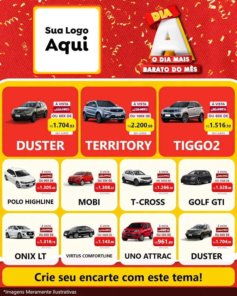 Modelo de Rede Social para Feed Instagram com o tema Dia A o Dia Mais Barato do Mês para Concessionaria de Carros