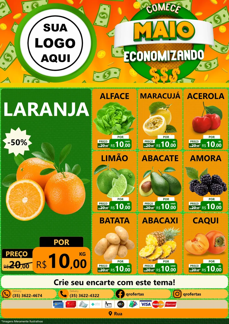Modelo de Encarte para Encarte A4 Vertical com o tema Comece Maio Economizando para Hortifrúti
