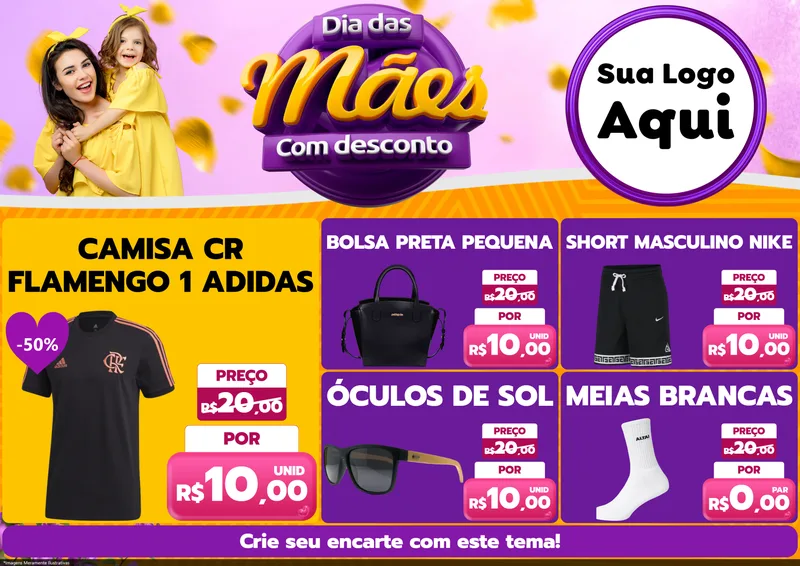 Modelo de Encarte para Encarte A4 Horizontal com o tema Dia das Mães com Desconto para Roupas e acessórios