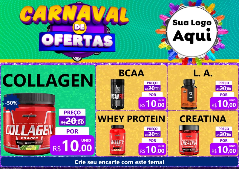 Modelo de Encarte para Encarte A4 Horizontal com o tema Carnaval de Ofertas para Suplementos alimentares