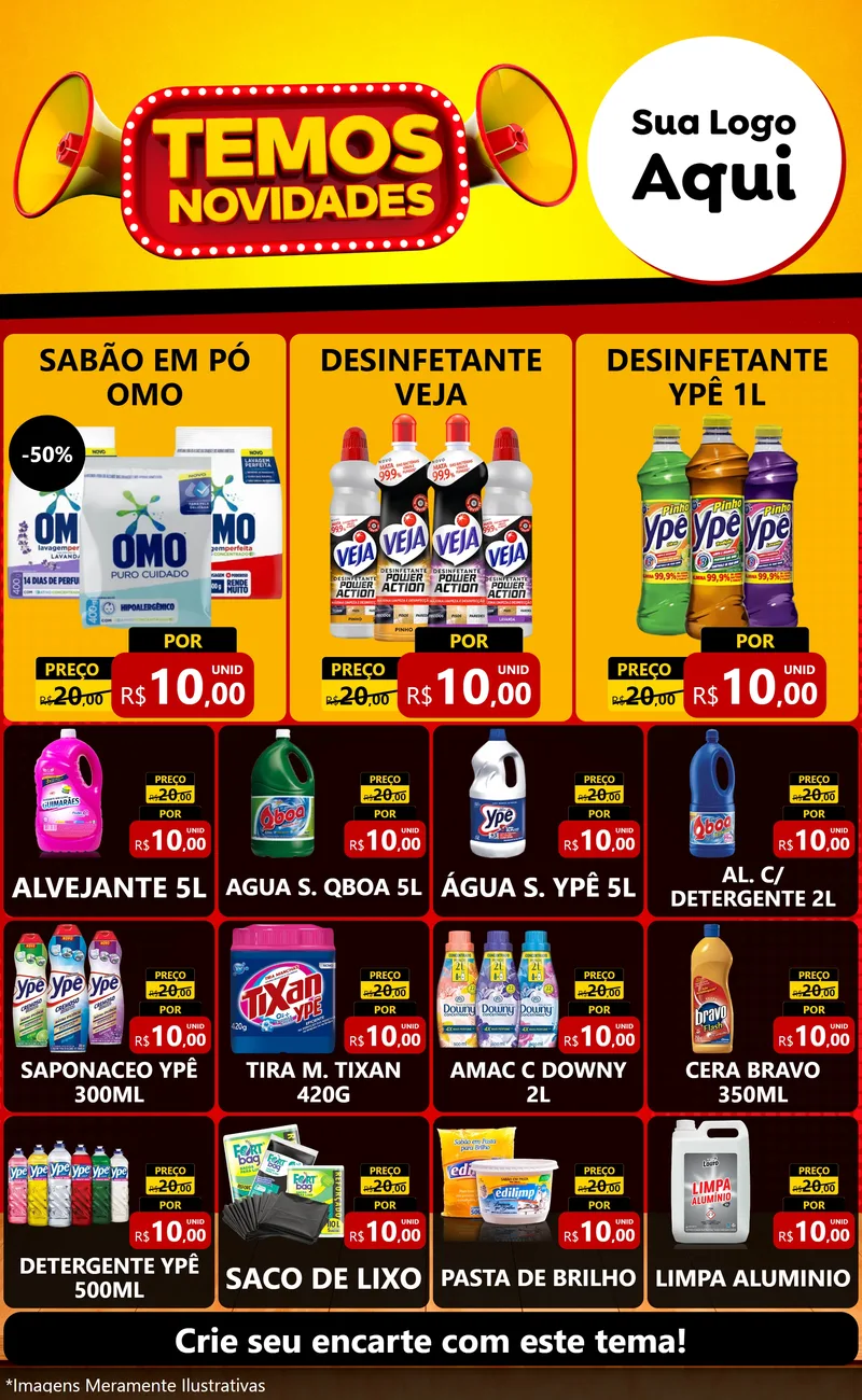 Modelo de Encarte para Encarte Grande com o tema Temos Novidades para Produtos de Limpeza
