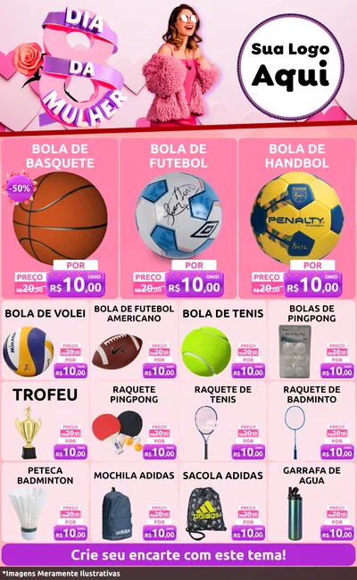 Modelo de Encarte para Encarte Grande com o tema Dia da Mulher para Artigos Esportivos