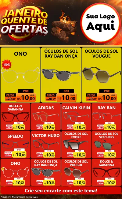 Modelo de Encarte para Encarte Grande com o tema Janeiro Quente de Ofertas para Óticas