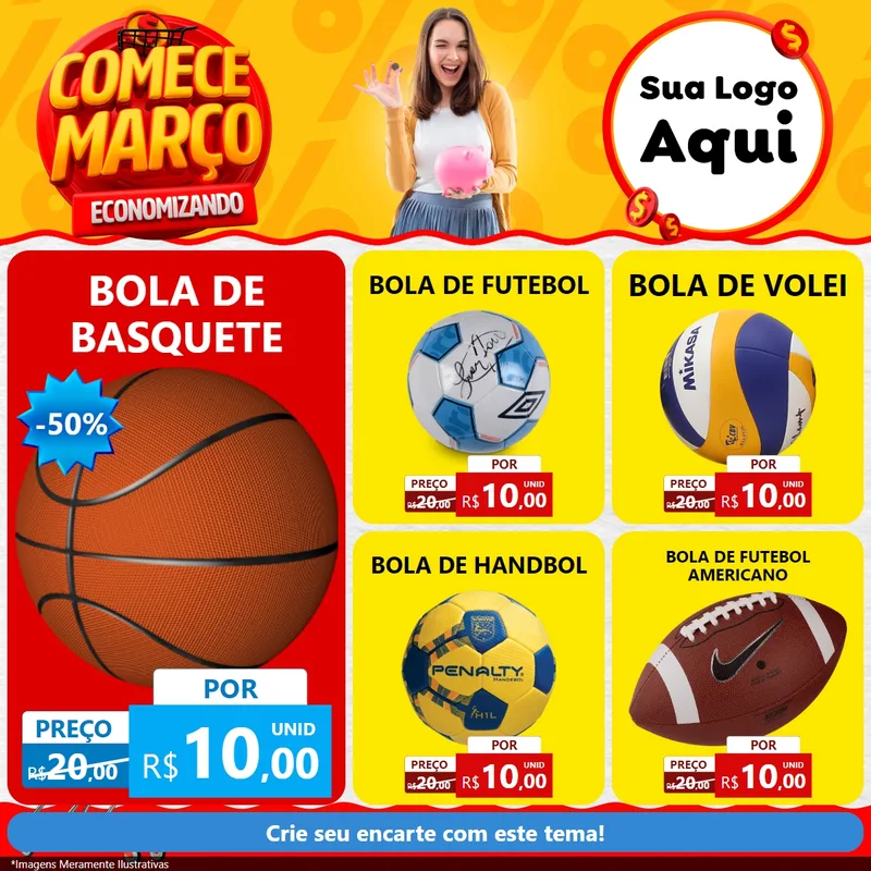 Modelo de Rede Social para Feed Facebook com o tema Comece Março Economizando para Artigos Esportivos