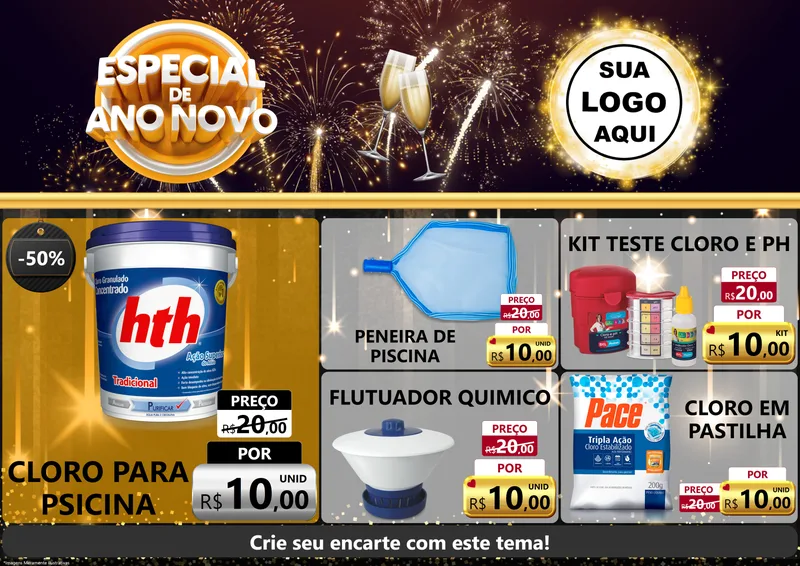 Modelo de Encarte para Encarte A4 Horizontal com o tema Especial de Ano Novo para Produtos para Piscina