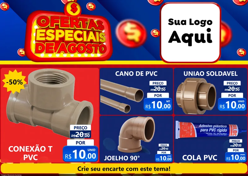 Modelo de Encarte para Encarte A4 Horizontal com o tema Ofertas Especiais de Agosto para Tubos e conexões
