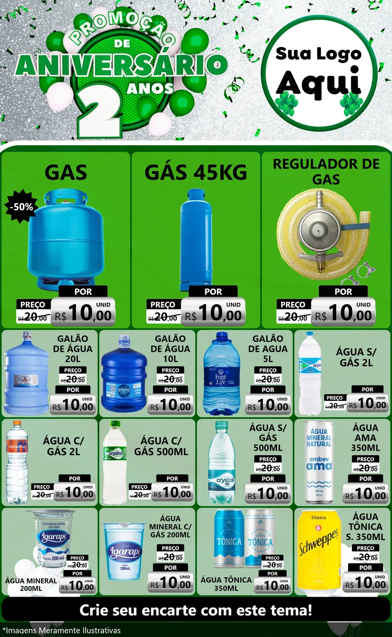 Modelo de Encarte para Encarte Grande com o tema Promoção de Aniversário - 2 Anos para Água e gás