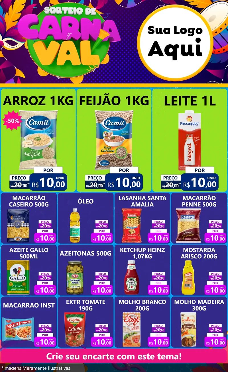 Modelo de Encarte para Encarte Grande com o tema Sorteio de Carnaval para Supermercado