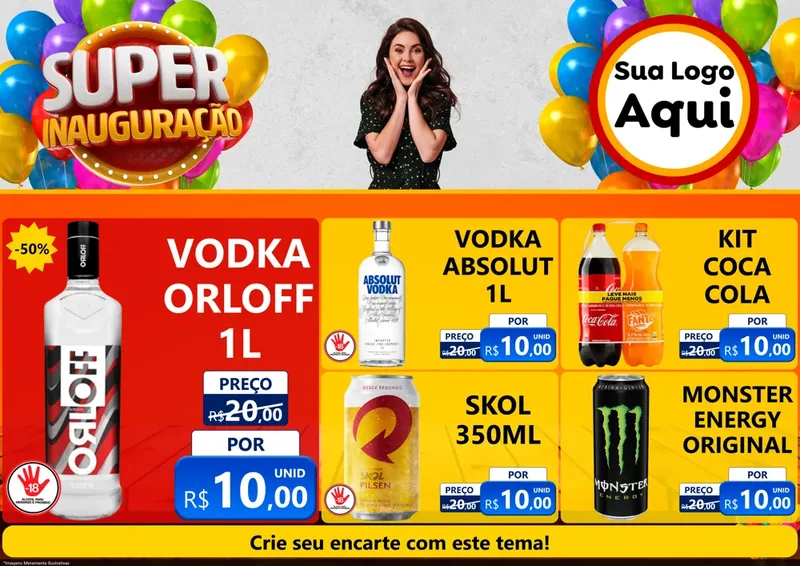 Modelo de Encarte para Encarte A4 Horizontal com o tema Super Inauguração para Distribuidora de bebidas