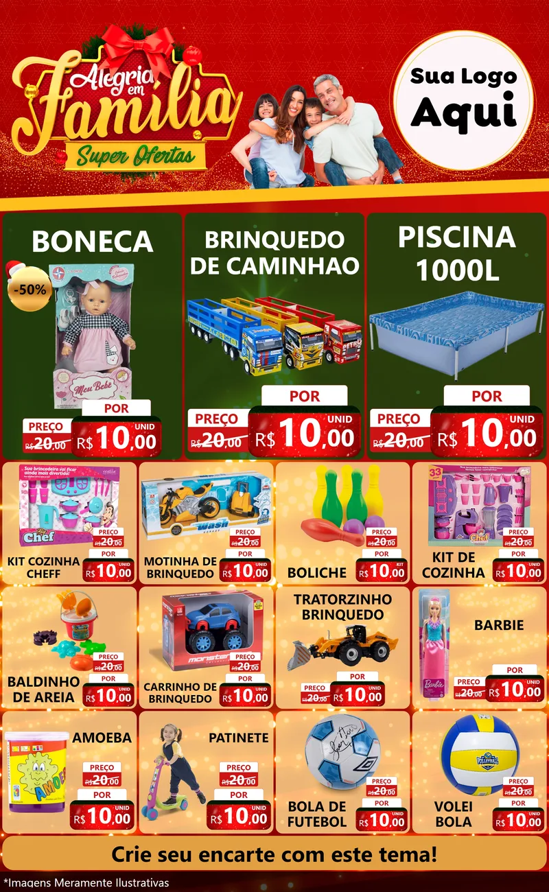 Modelo de Encarte para Encarte Grande com o tema Alegria em Família Super Ofertas - Natal para Brinquedos