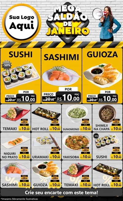 Modelo de Encarte para Encarte Grande com o tema Mega Saldão de Janeiro para Comida japonesa