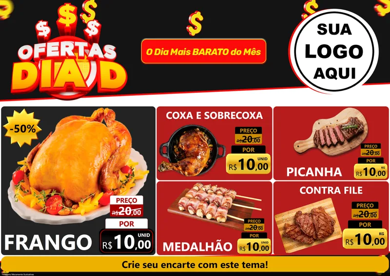 Modelo de Encarte para Encarte A4 Horizontal com o tema Ofertas Dia D para Assados