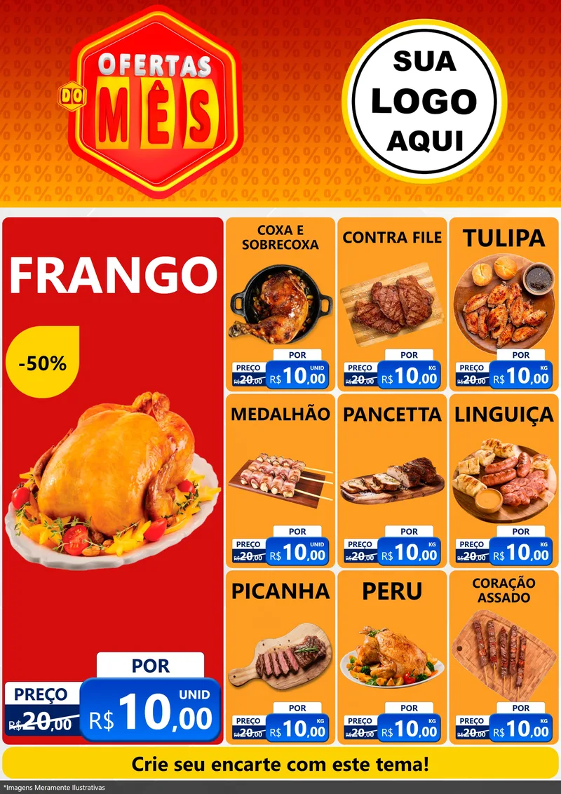 Modelo de Encarte para Encarte A4 Vertical com o tema Ofertas do Mês para Assados