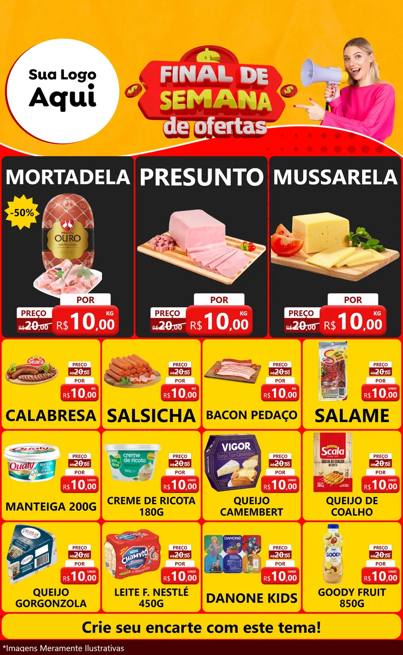 Modelo de Encarte para Encarte Grande com o tema Final de Semana de Ofertas para Frios e Laticínios