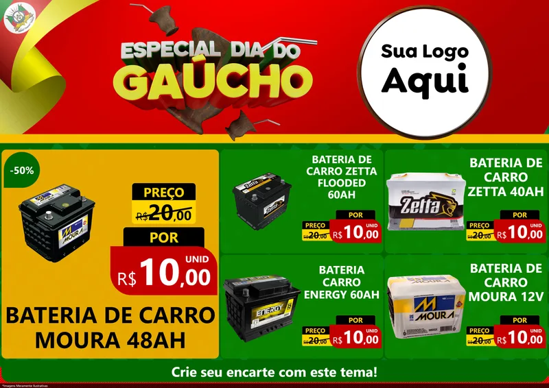 Modelo de Encarte para Encarte A4 Horizontal com o tema Especial Dia do Gaúcho para Baterias Elétricas