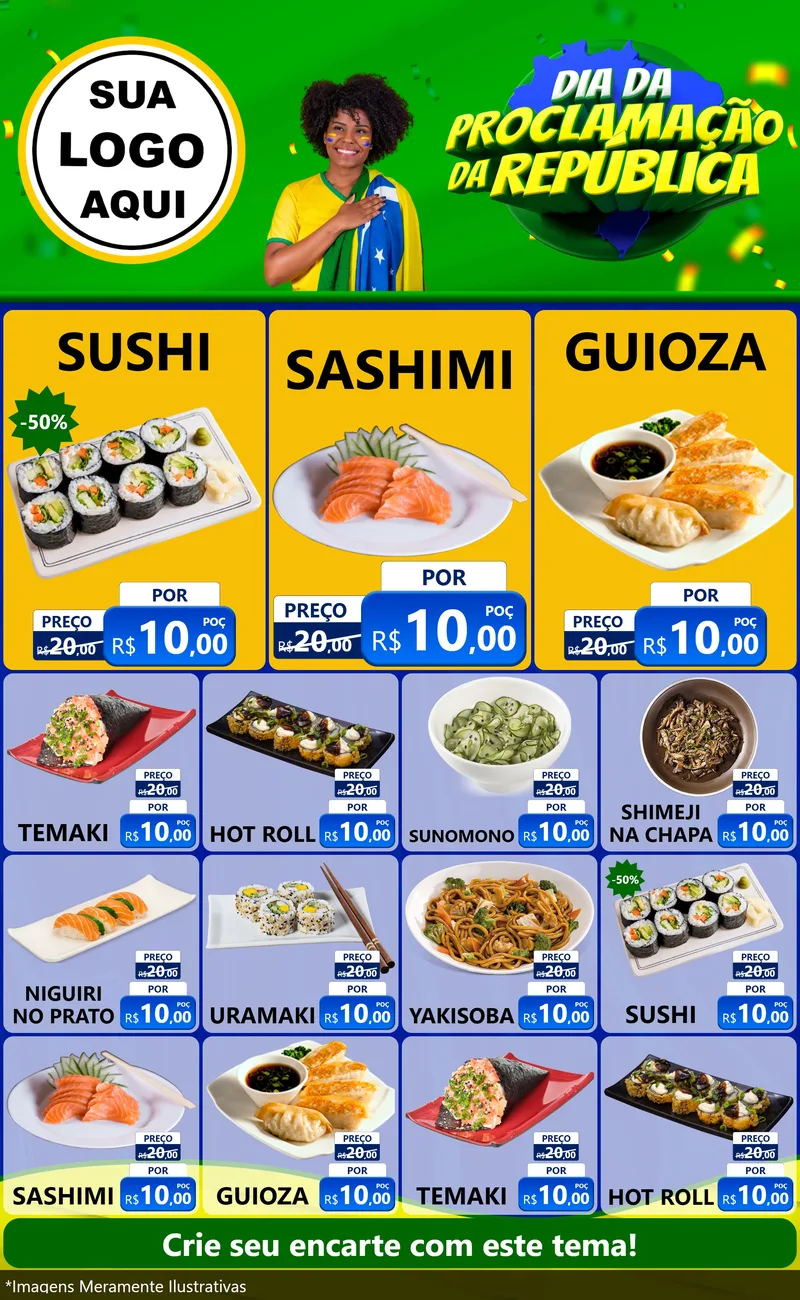 Modelo de Encarte para Encarte Grande com o tema Dia Da Proclamação Da República para Comida japonesa