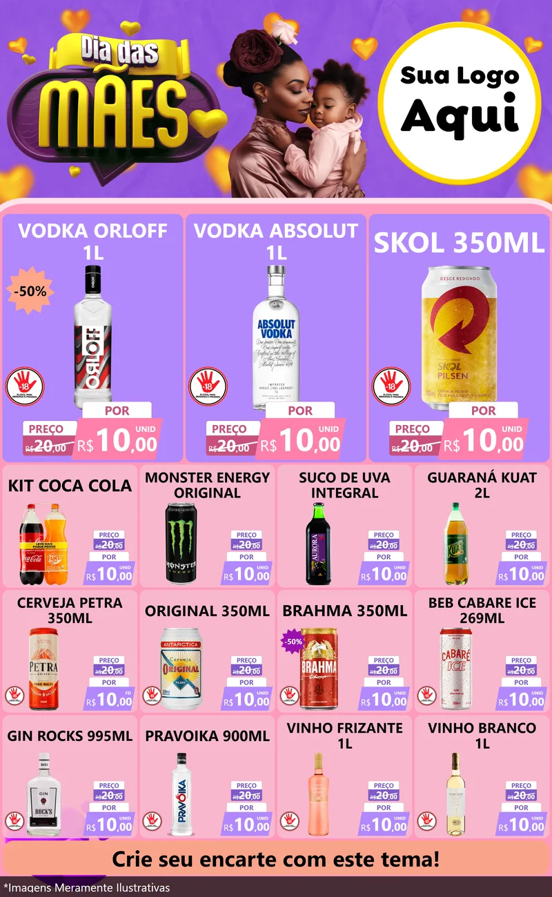 Modelo de Encarte para Encarte Grande com o tema Dia das Mães para Distribuidora de bebidas