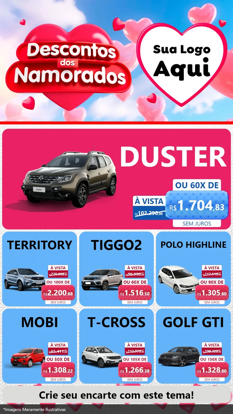 Modelo de Rede Social para Stories com o tema Descontos dos Namorados para Concessionaria de Carros