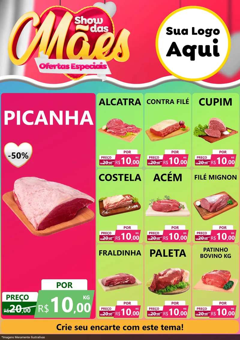 Modelo de Encarte para Encarte A4 Vertical com o tema Show das Mães - Ofertas Especiais para Açougue