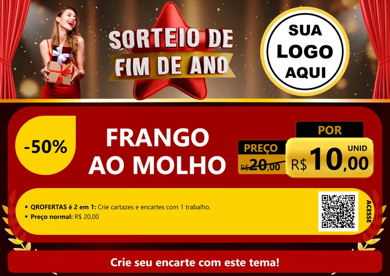 Modelo de Cartaz para Cartaz A4 Horizontal com o tema Sorteio de Fim de Ano para Restaurante