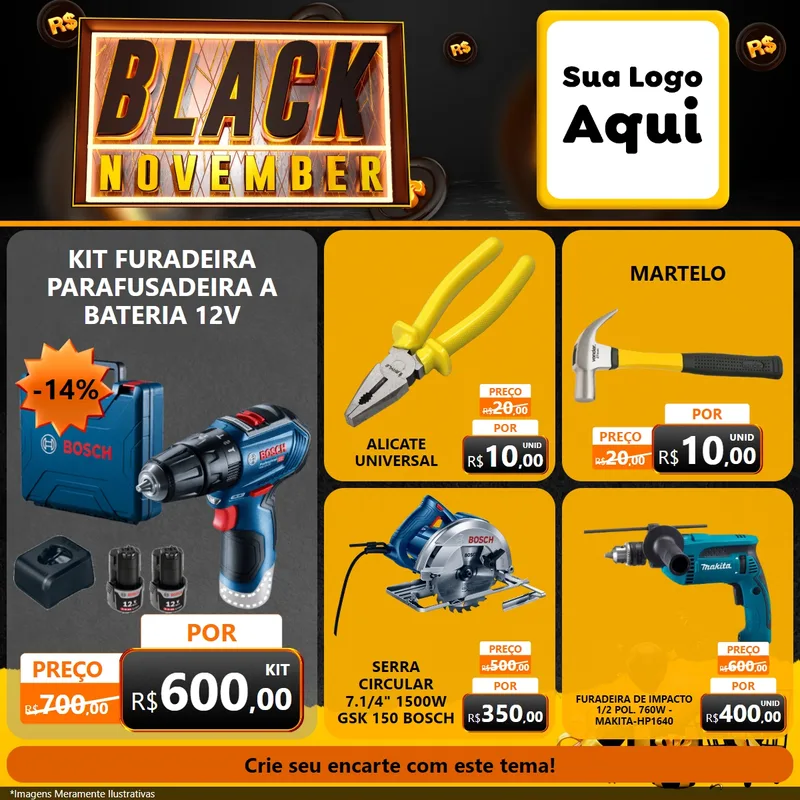 Modelo de Rede Social para Feed Facebook com o tema Black November para Maquinas e Ferramentas