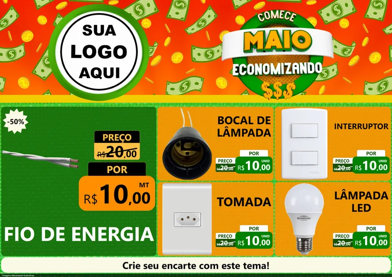 Modelo de Encarte para Encarte A4 Horizontal com o tema Comece Maio Economizando para Materiais Elétricos