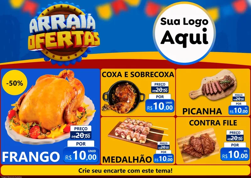 Modelo de Encarte para Encarte A4 Horizontal com o tema Arraiá de Ofertas - Junina para Assados