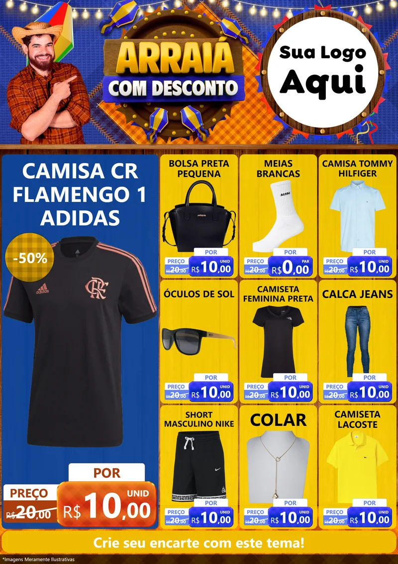 Modelo de Encarte para Encarte A4 Vertical com o tema Arraiá Com Desconto para Roupas e acessórios