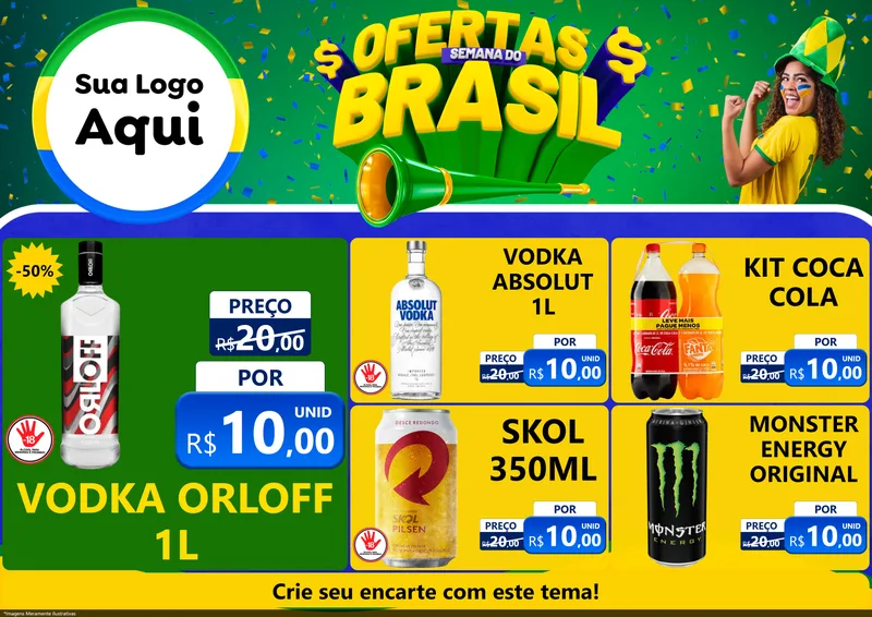Modelo de Encarte para Encarte A4 Horizontal com o tema Ofertas Semana do Brasil para Distribuidora de bebidas