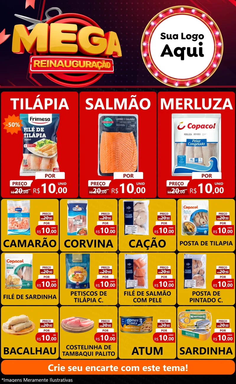 Modelo de Encarte para Encarte Grande com o tema Mega Reinauguração para Peixaria