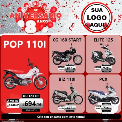 Modelo de Rede Social para Feed Facebook com o tema Promoção de Aniversário - 8 Anos para Concessionaria de Motos