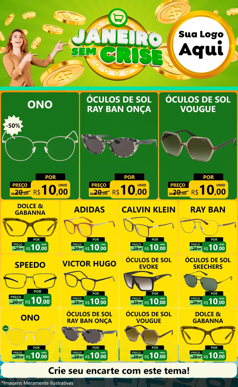 Modelo de Encarte para Encarte Grande com o tema Janeiro Sem Crise para Óticas