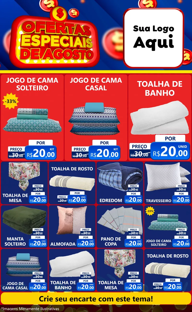 Modelo de Encarte para Encarte Grande com o tema Ofertas Especiais de Agosto para Cama, Mesa e Banho