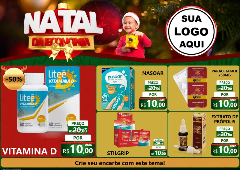 Modelo de Encarte para Encarte A4 Horizontal com o tema Natal da Economia para Farmácia