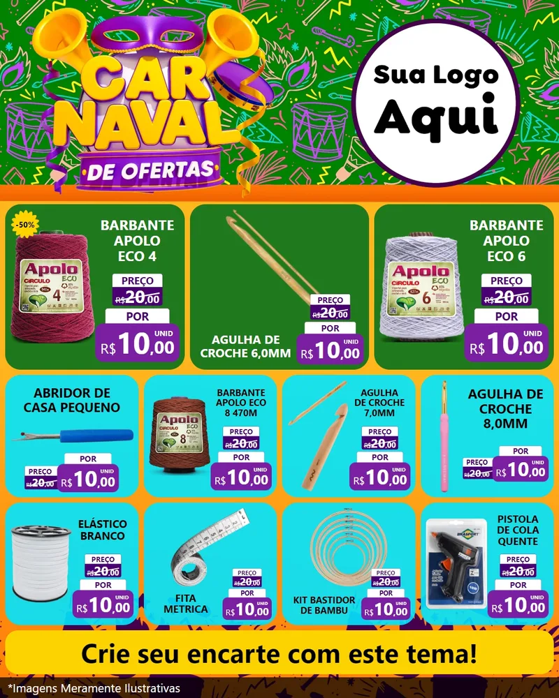 Modelo de Rede Social para Feed Instagram com o tema Carnaval de Ofertas para Armarinho e Aviamentos