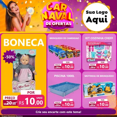 Modelo de Rede Social para Feed Facebook com o tema Carnaval de Ofertas para Brinquedos