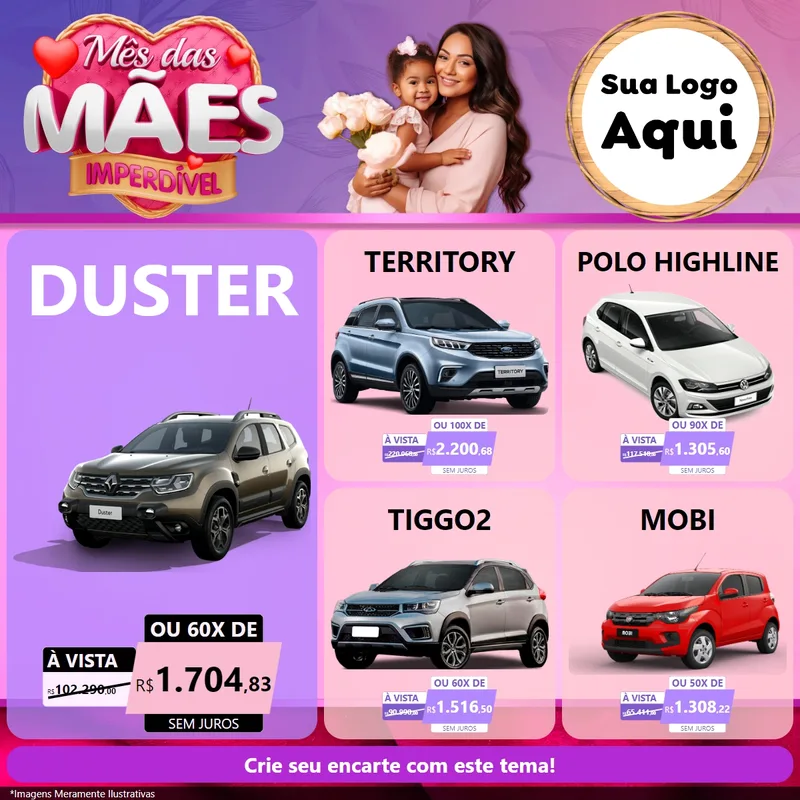 Modelo de Rede Social para Feed Facebook com o tema Mês das Mães Imperdível para Concessionaria de Carros