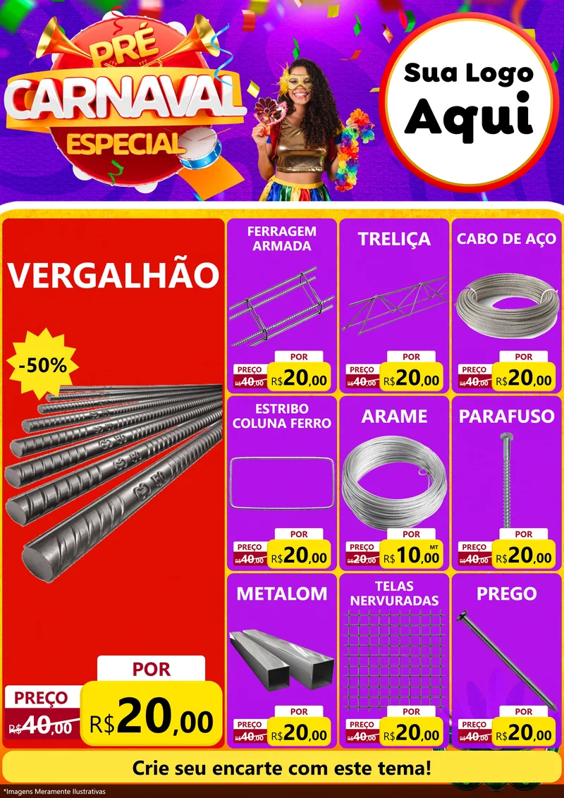 Modelo de Encarte para Encarte A4 Vertical com o tema Pré-Carnaval Especial para Ferragens