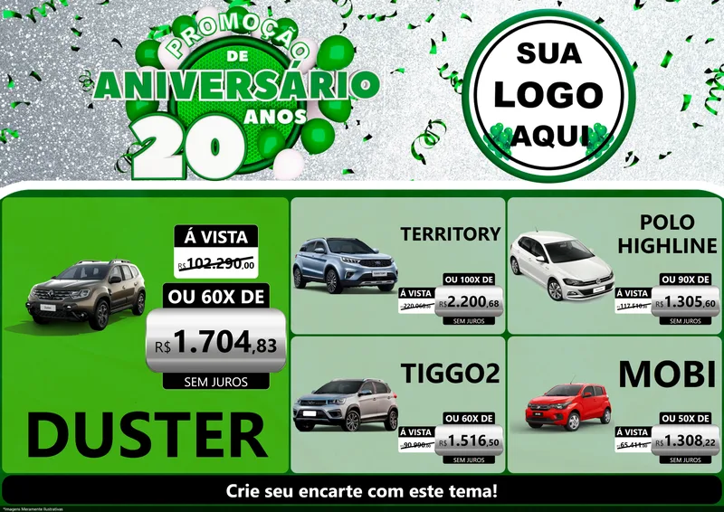 Modelo de Encarte para Encarte A4 Horizontal com o tema Promoção de Aniversário - 20 Anos para Concessionaria de Carros