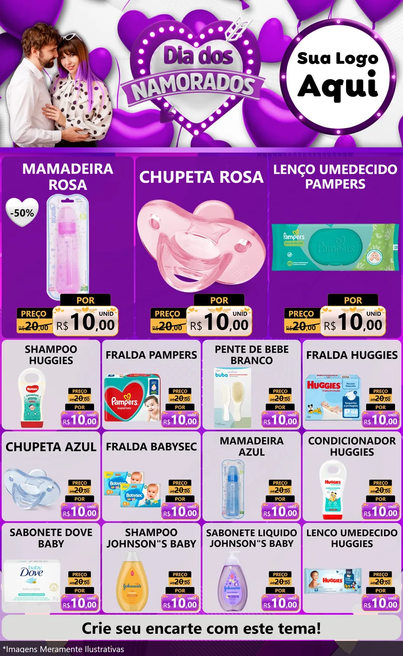 Modelo de Encarte para Encarte Grande com o tema Dia dos Namorados para Bebês