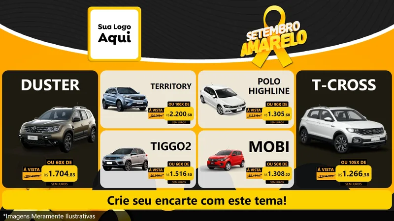 Modelo de TV para TV Horizontal com o tema Setembro Amarelo para Concessionaria de Carros