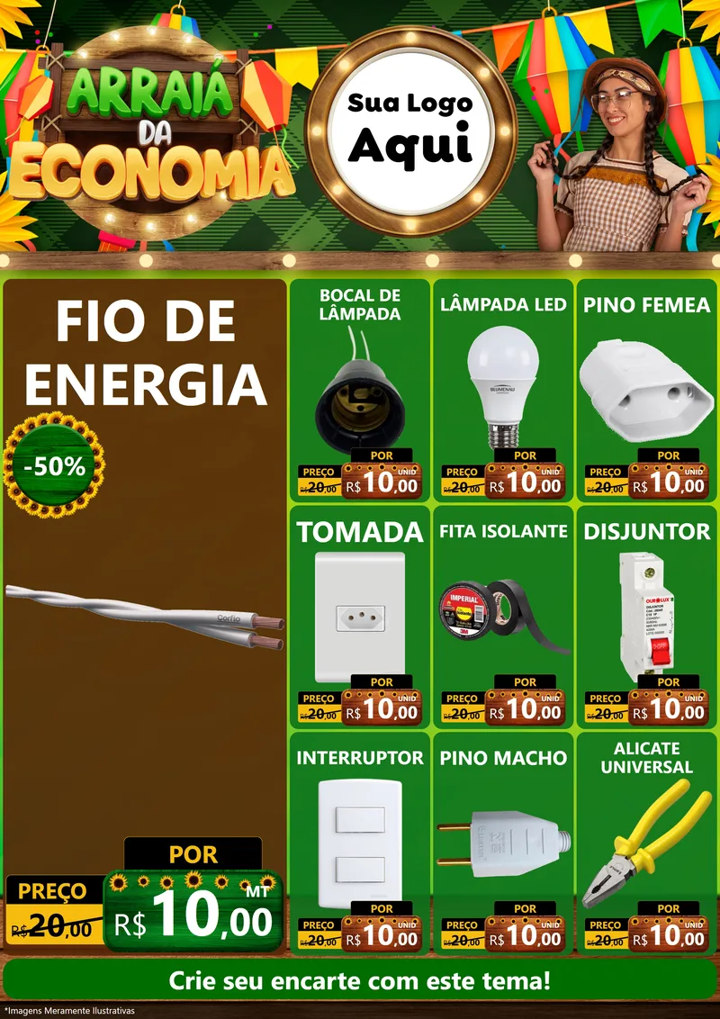 Modelo de Encarte para Encarte A4 Vertical com o tema Arraiá de Economia para Materiais Elétricos