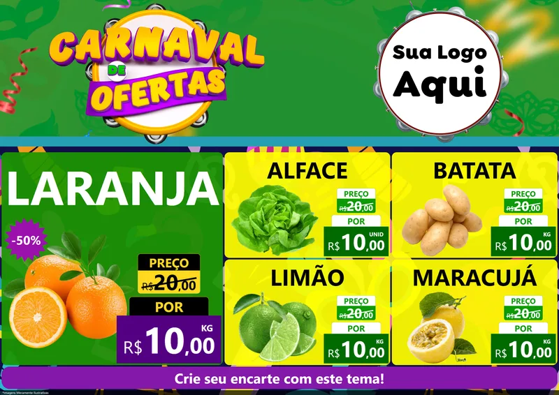 Modelo de Encarte para Encarte A4 Horizontal com o tema Carnaval de Ofertas para Hortifrúti