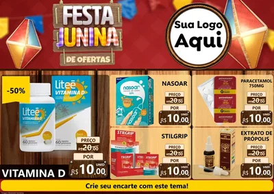 Modelo de Encarte para Encarte A4 Horizontal com o tema Festa Junina de Ofertas para Farmácia