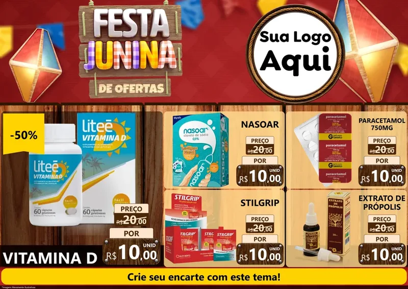 Modelo de Encarte para Encarte A4 Horizontal com o tema Festa Junina de Ofertas para Farmácia
